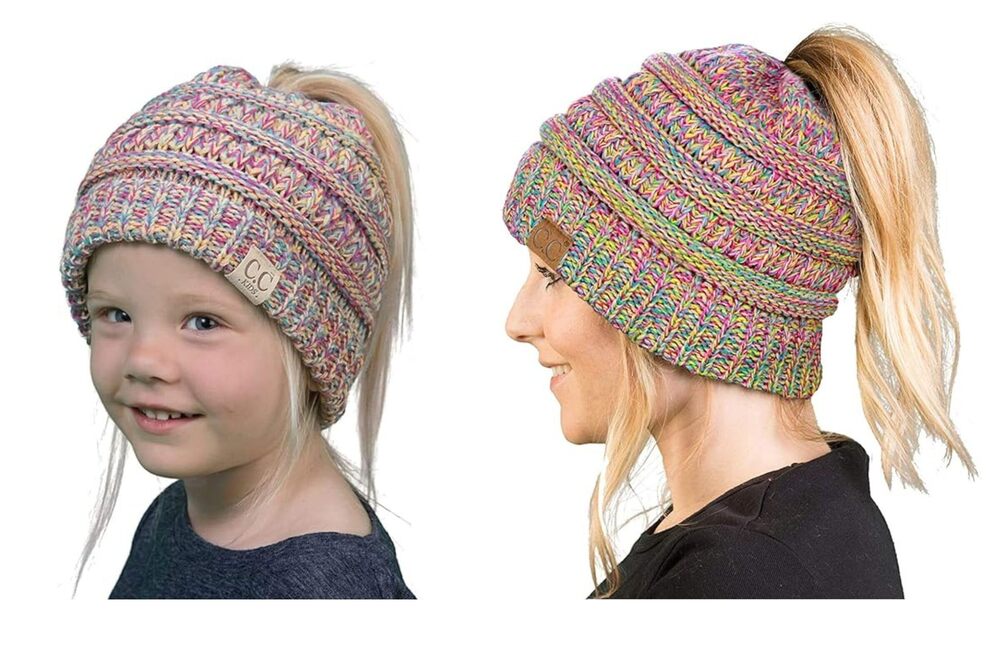 7971 Matching 2 Pack Mommy & Me Messy Bun Ponytail Winter Knit Hat - Adult